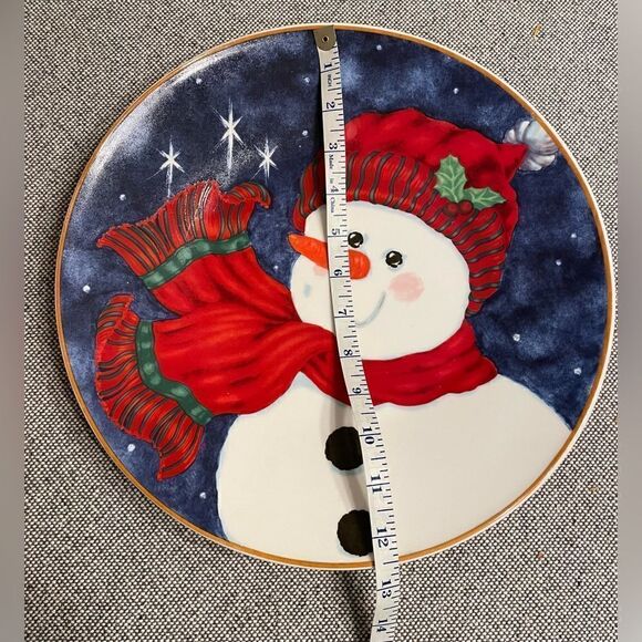 Snowman holiday decorative plate with gold trim - Picture 3 of 4